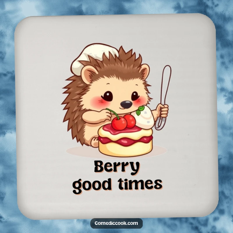 Funny Coaster: A detailed illustration of a hedgehog chef adding a berry to a dessert, protecting your furniture.