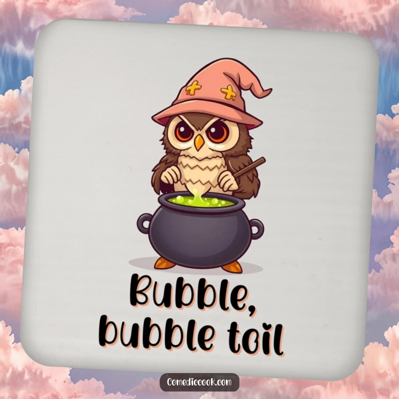 Funny Wise Owl Chef Coaster showing a wise owl stirring a bubbling potion, protecting furniture with magical and humorous charm, a great gift.