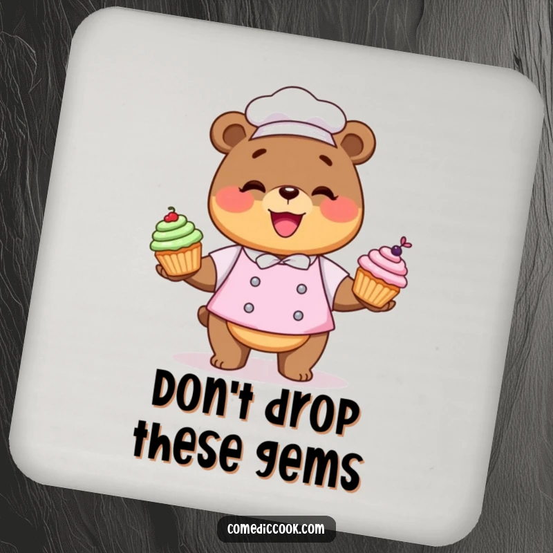 Funny Kawaii bear chef coaster with a cute character juggling cupcakes, protecting surfaces.