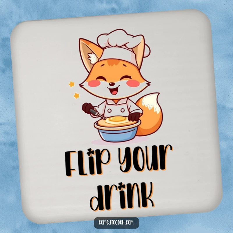 Funny drink coaster with a winking fox chef flipping a pancake, perfect for breakfast tables.