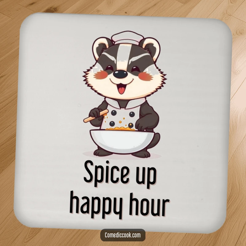 Funny badger chef coasters, a dramatic character seasoning a dish with a flourish, offering protection for surfaces with a humorous and culinary-themed focus.