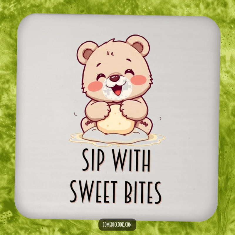 Funny drink coasters featuring a tiny bear cub kneading dough with floury paws, great for protecting surfaces with charm.