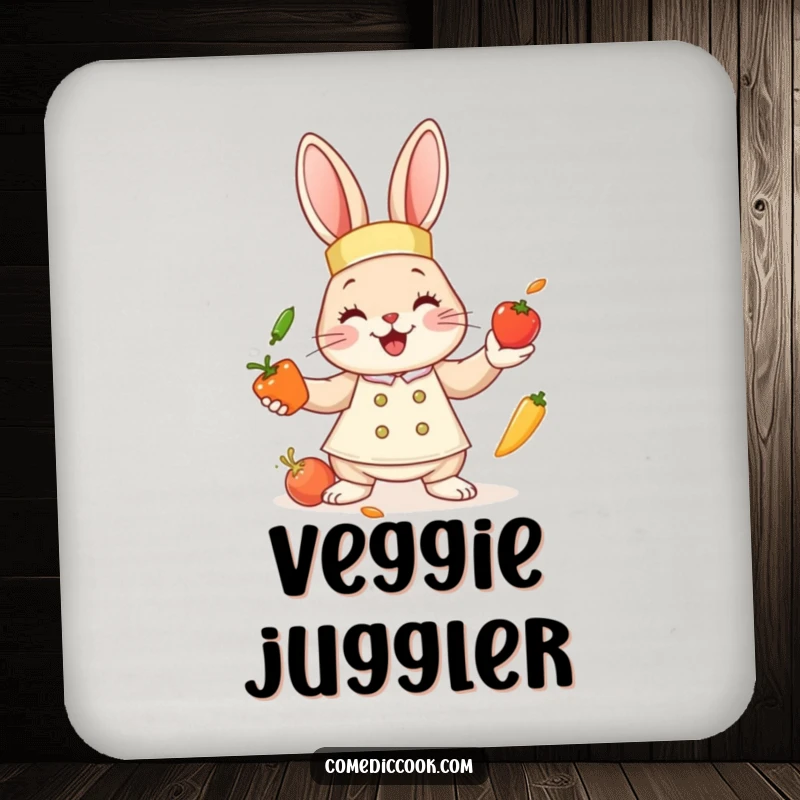 Funny bunny chef drink coasters featuring a cute bunny juggling vegetables, protecting furniture and adding kitchen humor to any setting.