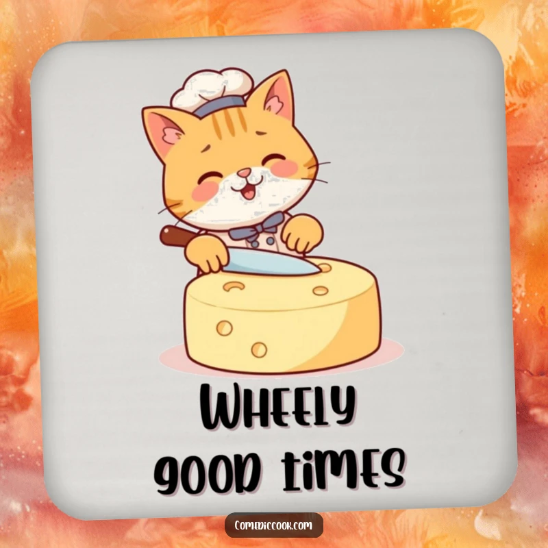 Funny Cat Chef Coaster showing a happy cat slicing a giant cheese wheel, protecting furniture with feline charm and humor, a great gift.