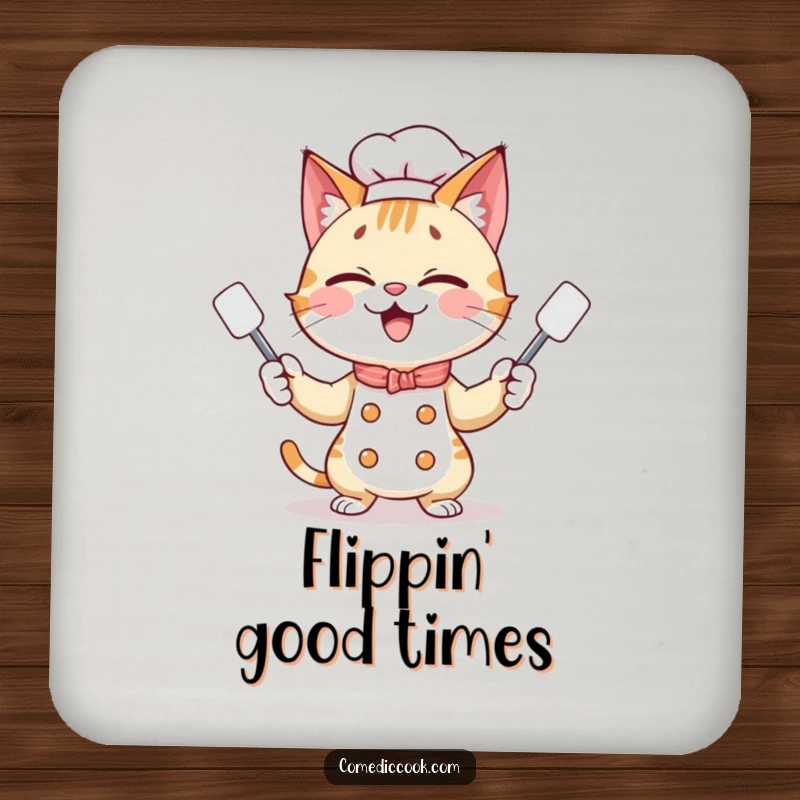 Funny giggling cat chef juggling spatulas, serving as a protective and humorous drink coaster for tables, preventing spills.