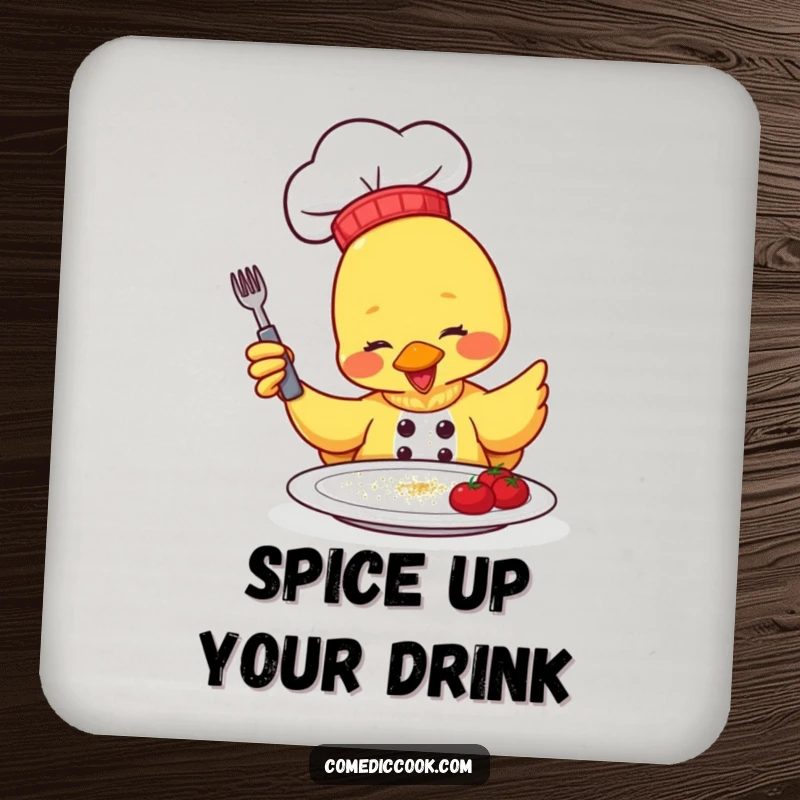 Funny Coaster: a duck chef gleefully sprinkles seasoning, offering a humorous and protective accent for drink surfaces.