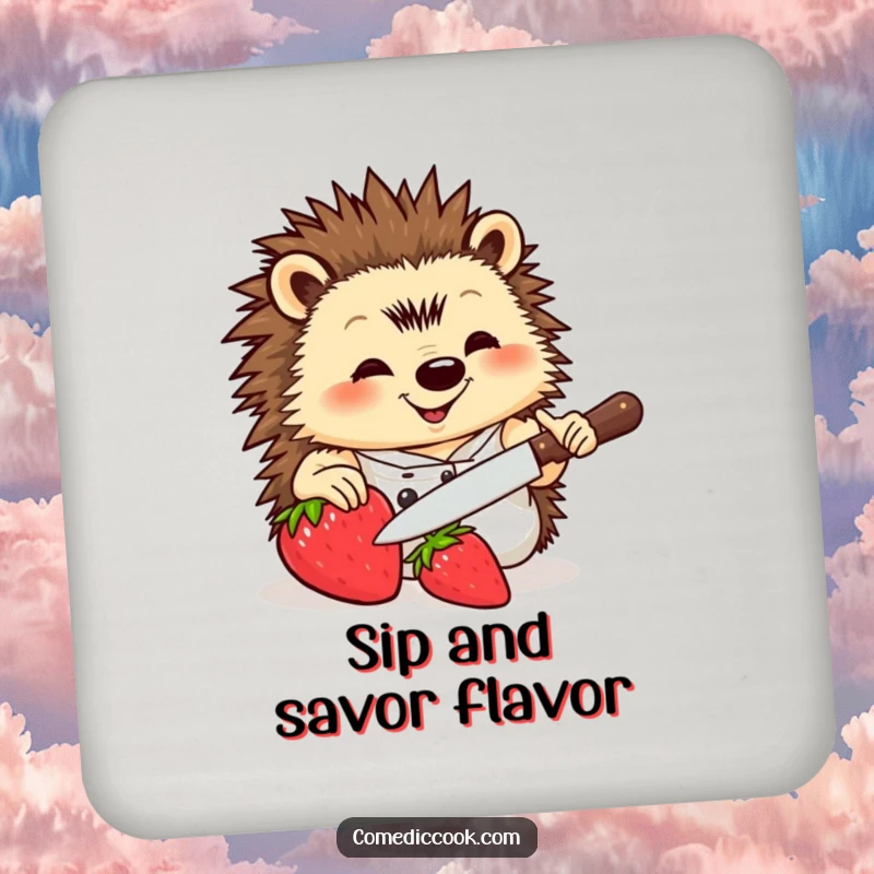 Funny Hedgehog Chef Drink Coaster showing a hedgehog chef slicing a strawberry, protecting surfaces with cute culinary-themed humor.