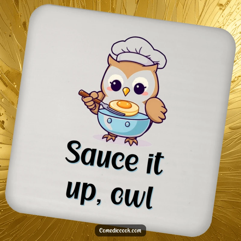 Funny Kawaii owl chef coaster with a cute character flipping a pancake, protecting surfaces.
