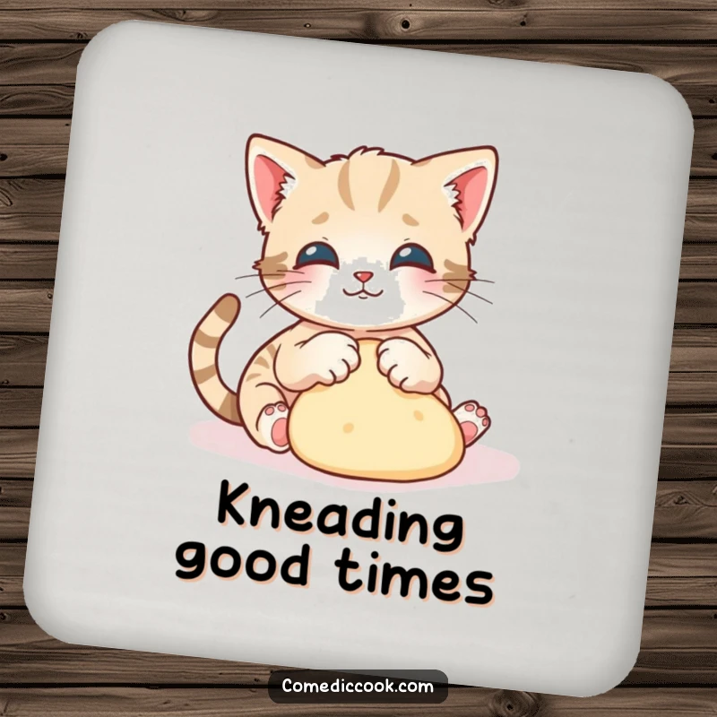 Funny kitten drink coaster depicting a playful kitten gracefully kneading dough with tiny paws, protecting surfaces with charm.