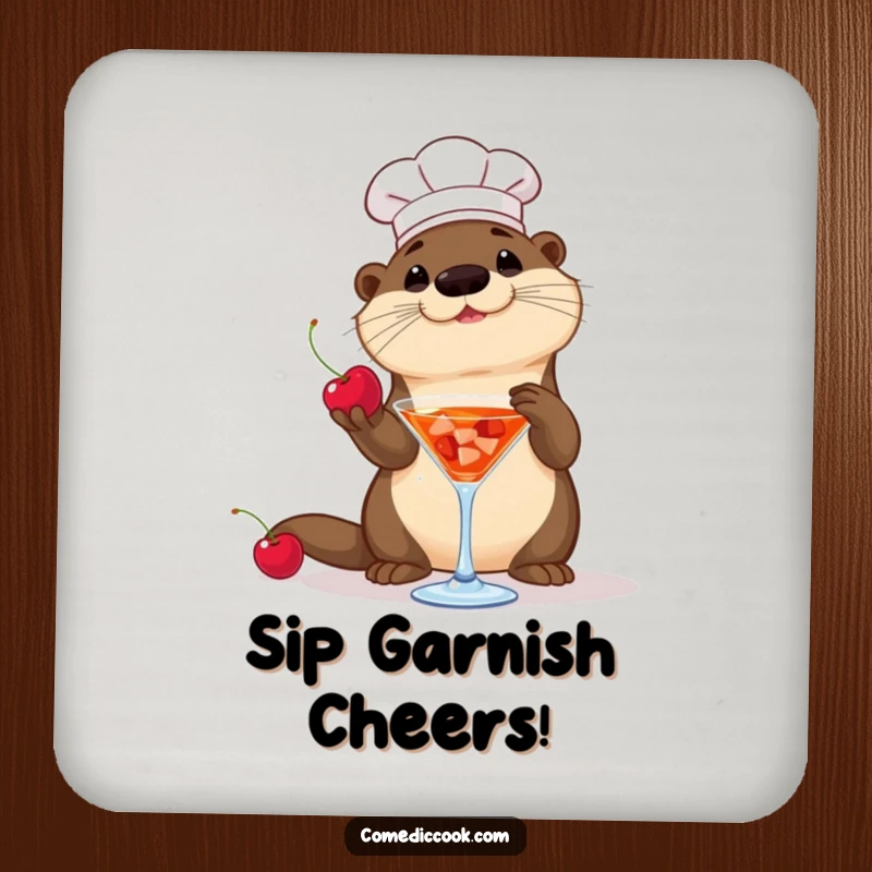 Funny Otter Chef Drink Coaster: A playful otter chef tosses a cherry into a cocktail, a humorous coaster for your beverages.