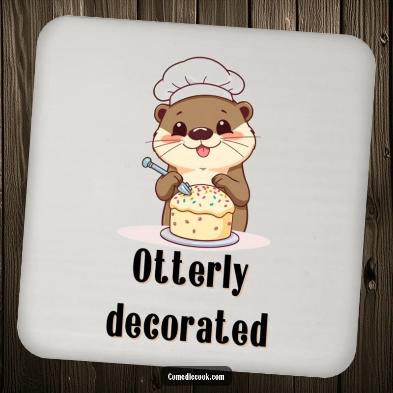 Funny otter chef drink coasters featuring a happy otter decorating a tiny cake with sprinkles, protecting furniture and adding sweet kitchen humor.