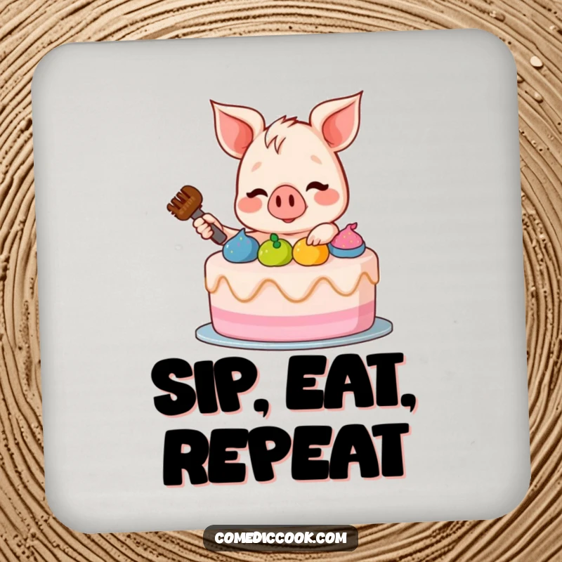 Funny Piglet Coaster: A protective coaster showcasing a funny illustration of a piglet happily frosting a cake, adding humor to any table setting.