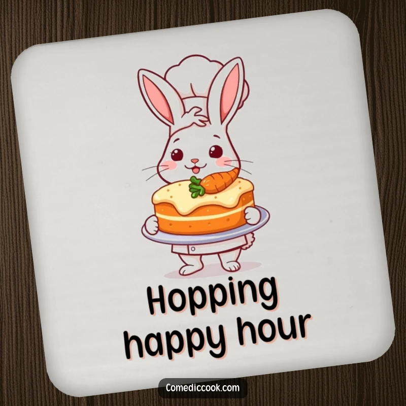Funny drink coaster with a proud rabbit chef presenting a perfectly baked carrot cake, kitchen accessory.