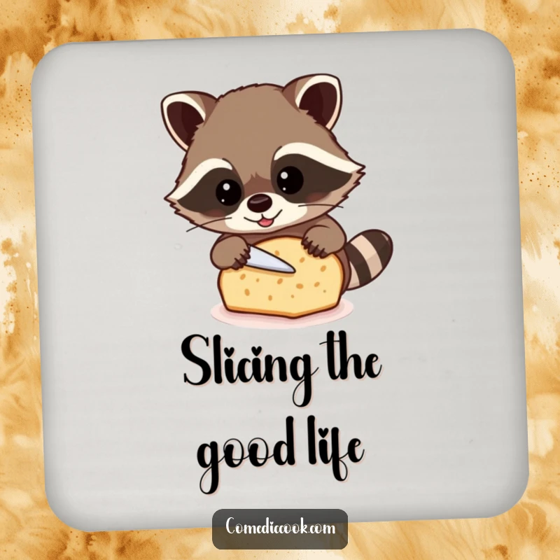 Funny raccoon drink coaster depicting a beaming raccoon carefully slicing a loaf of bread, protecting surfaces with humor.