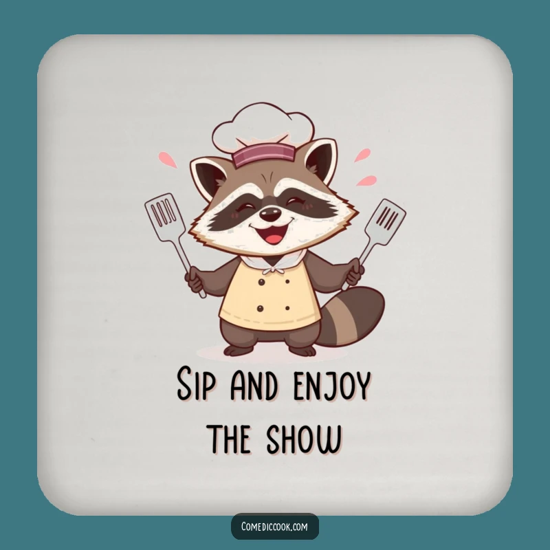 Funny Raccoon Chef Juggling Spatulas Coaster - Protect & Play!