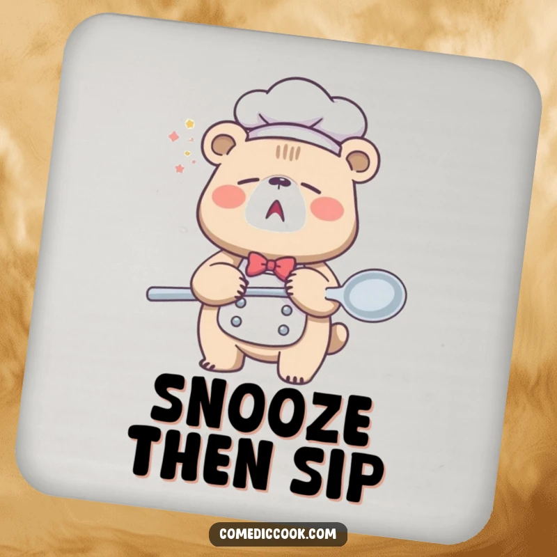 Funny Sleepy Bear Chef Coaster showing a yawning bear holding a giant spoon, protecting furniture with sleepy charm and humor, a great gift.