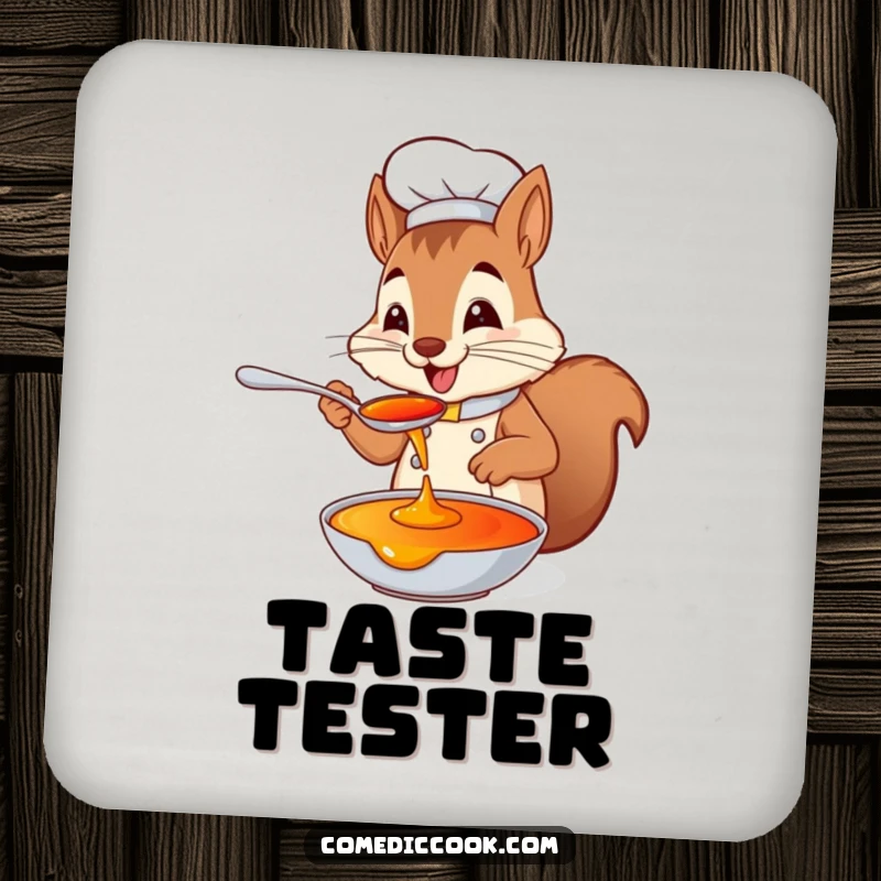 Funny squirrel chef drink coasters featuring a playful squirrel tasting sauce from a spoon with delight, protecting furniture and adding tasty kitchen humor.