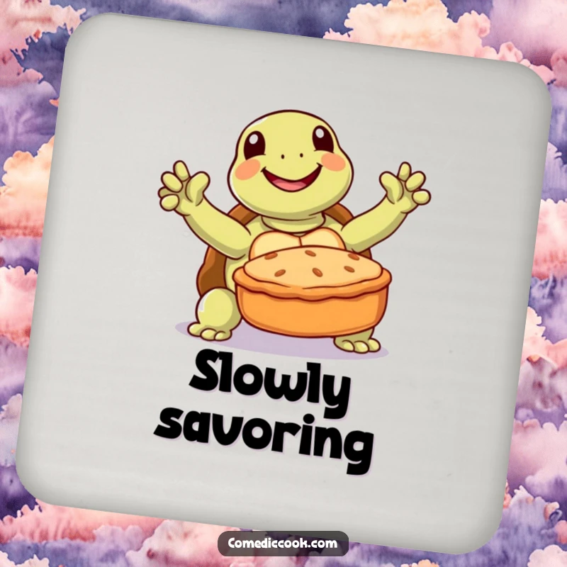 Funny turtle drink coaster depicting a joyful turtle triumphantly presenting a baked pie, protecting surfaces with charm.