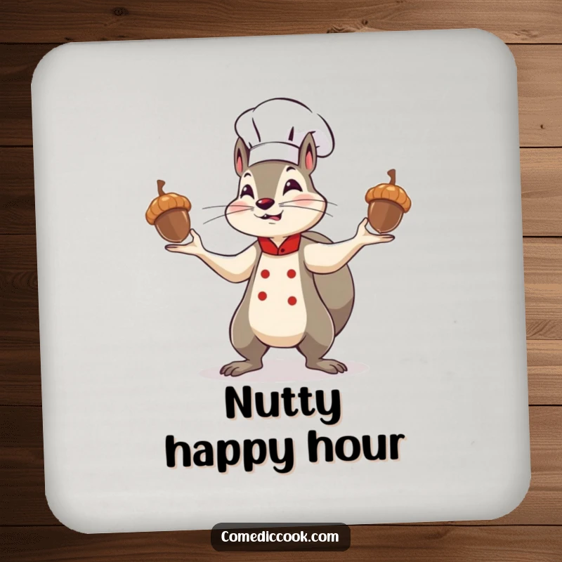 Funny squirrel chef coasters featuring a determined character juggling acorns, offering protection for surfaces with a humorous and nutty kitchen theme.