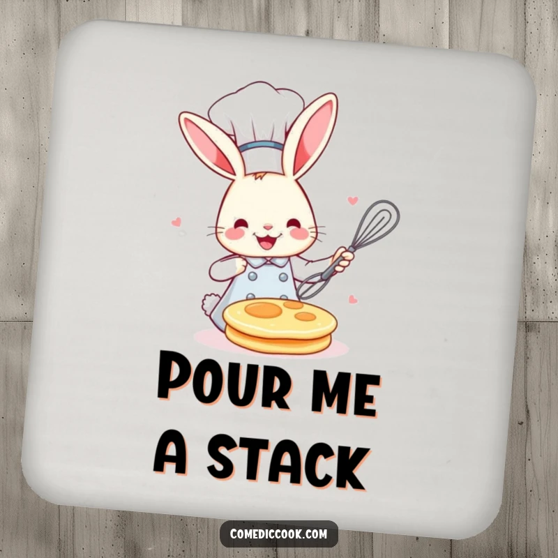 Funny bunny chef flipping a pancake, serving as a protective and humorous drink coaster for tables, preventing spills and adding cheer.