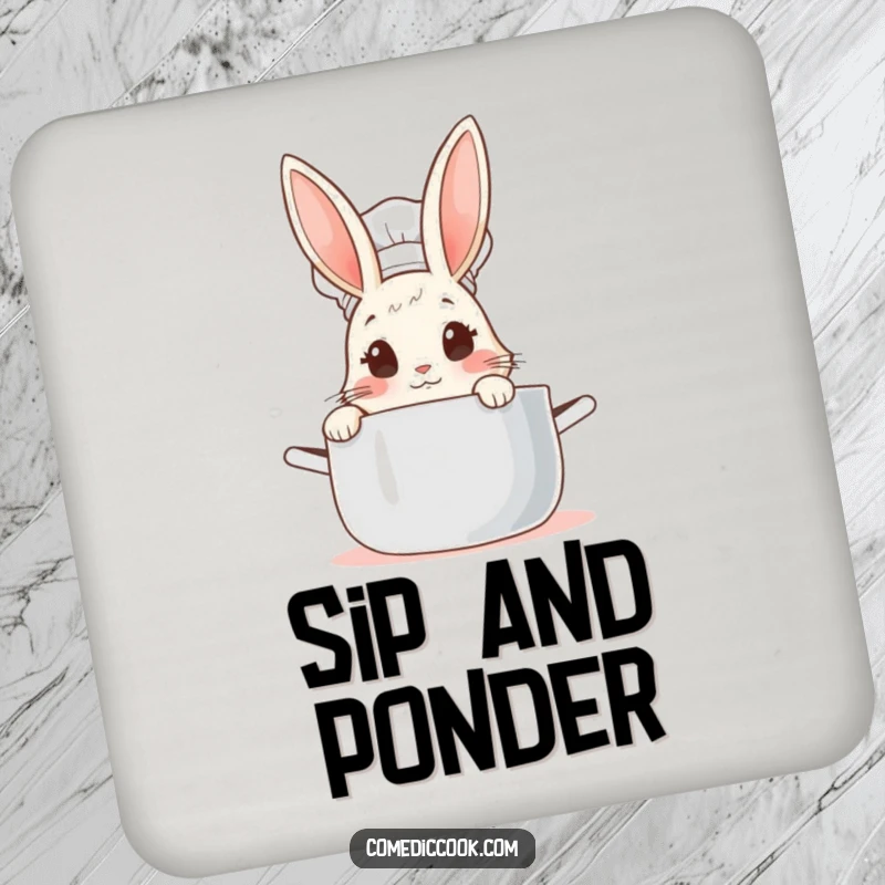 Funny Rabbit Chef Drink Coaster: Cute bunny chef peeking into a steaming pot, protecting surfaces with humor.