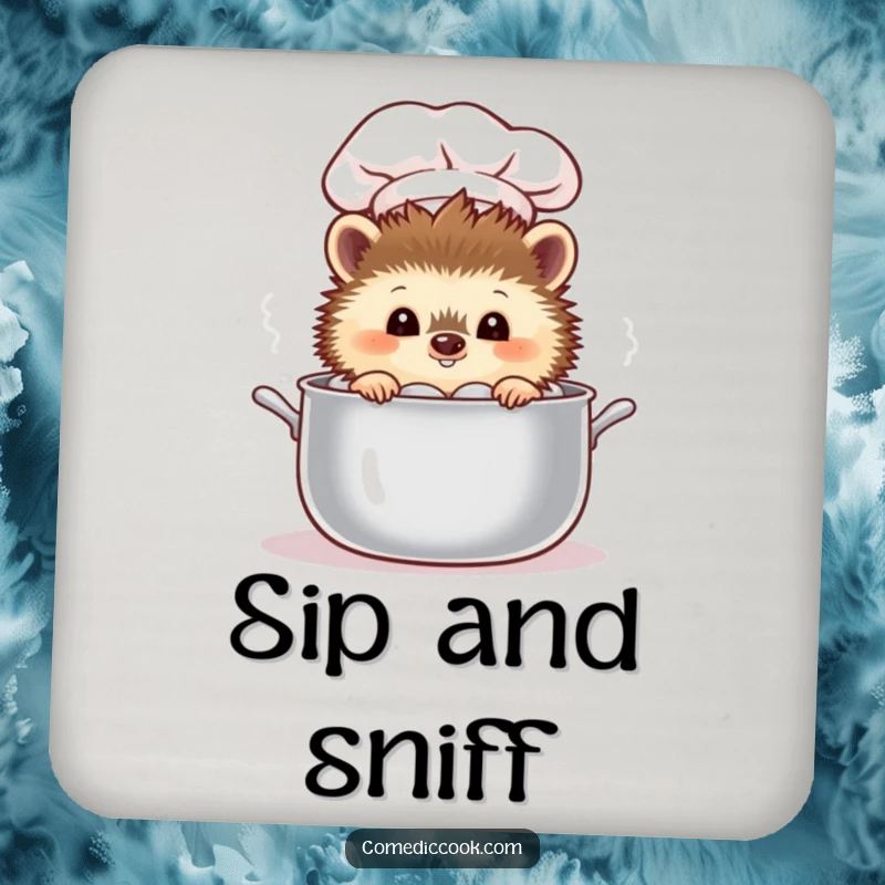 Funny curious hedgehog chef peeking into a steaming pot on a humorous and protective drink coaster.