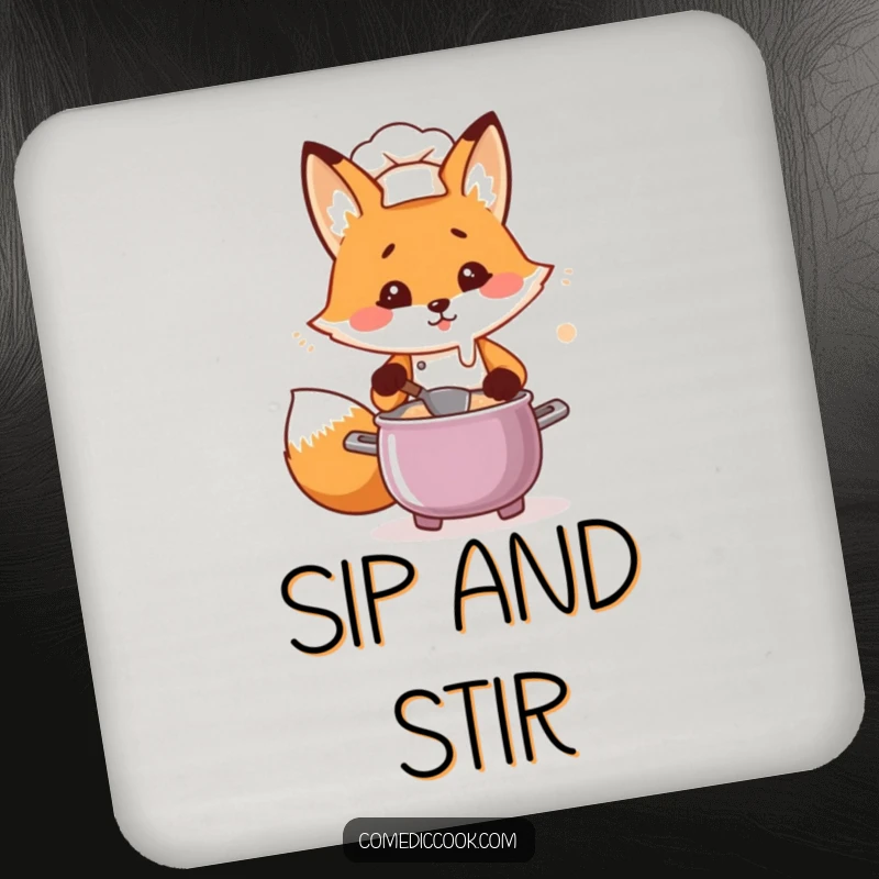 Funny Kawaii fox chef drink coaster, a flustered fox chef stirring a pot, protecting surfaces with humor, humorous gift.