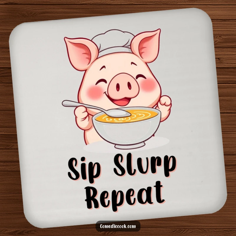 Funny Pig Chef Drink Coaster: A smiling pig chef tastes soup with a tiny spoon, a humorous coaster for your beverages.