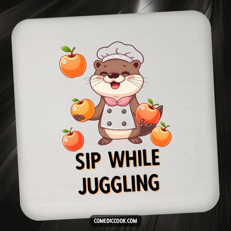 Funny happy otter chef juggling three shiny apples on a humorous and protective drink coaster.
