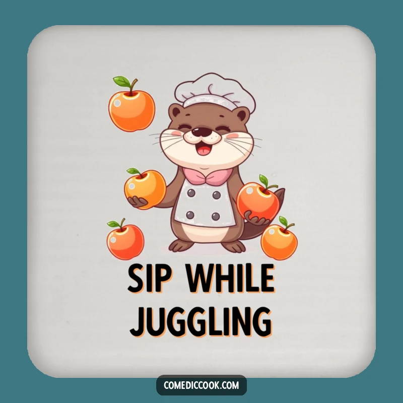 Funny Otter Chef Coaster: Juggling Apples Decor, Hilarious Kitchen Gift