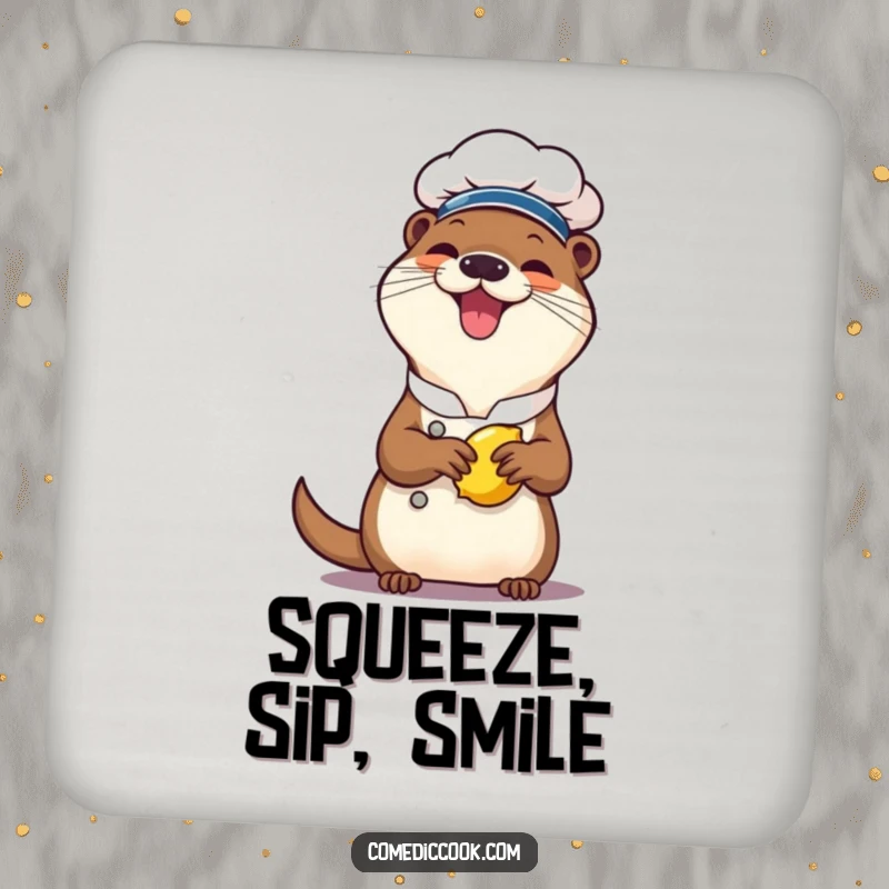 Funny otter chef coasters, a cheerful character giggling while squeezing a lemon, offering protection for surfaces with a humorous and zesty theme.