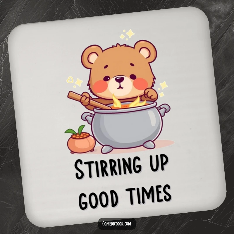 Funny Bear Cub Chef Drink Coaster with a bear cub stirring soup, adding a touch of whimsy.