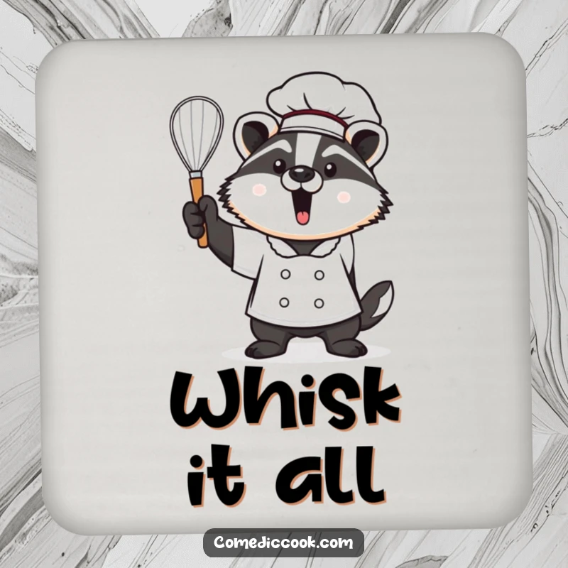 Funny Kawaii badger chef coasters, showing a proud cute badger holding a whisk aloft. Protects surfaces, great kitchen accessory and funny gift.
