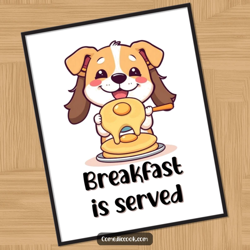Funny poster of a happy dog skillfully flipping a pancake, creating a dynamic and humorous piece of wall art for kitchens.