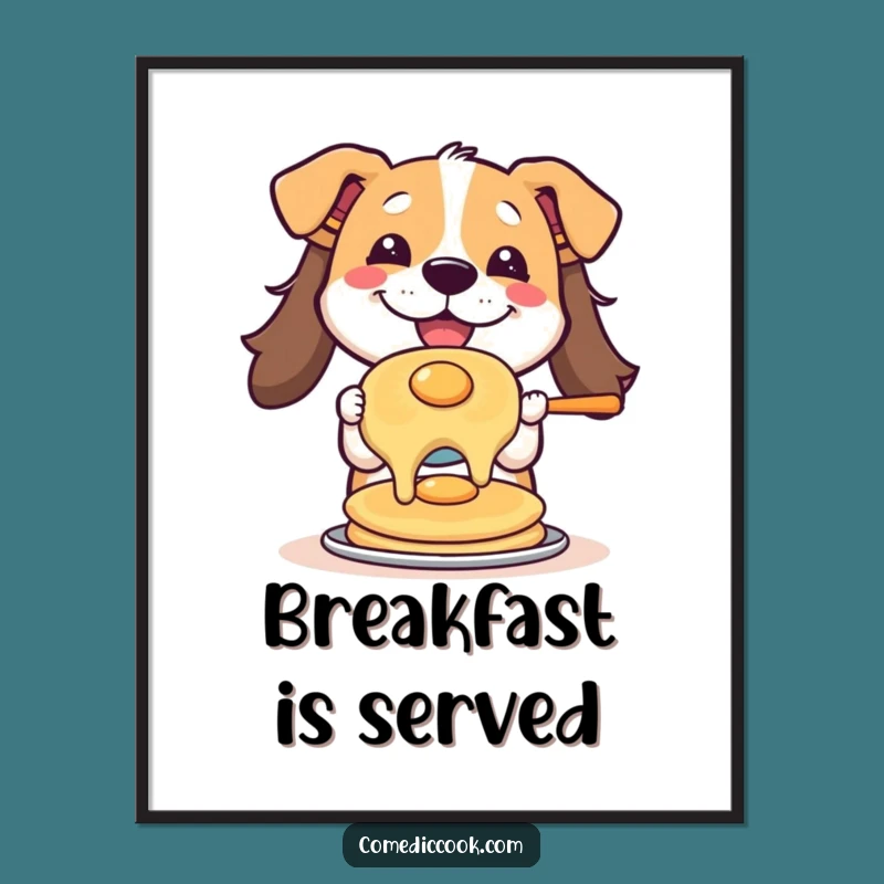 Funny Pancake Flipping Dog Poster: Humorous Wall Art for Kitchens and Dog Enthusiasts