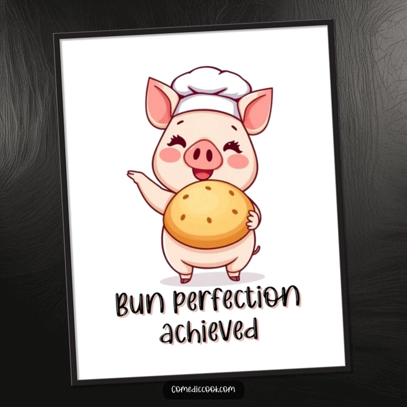 Funny Pig Chef Poster: Artistic print of a smiling pig chef in uniform proudly holding a golden baked bun.