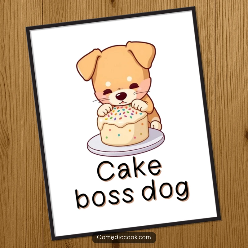 Funny poster of a dog intently decorating a small cake with sprinkles, showcasing artistic baking and a love for sweet treats.