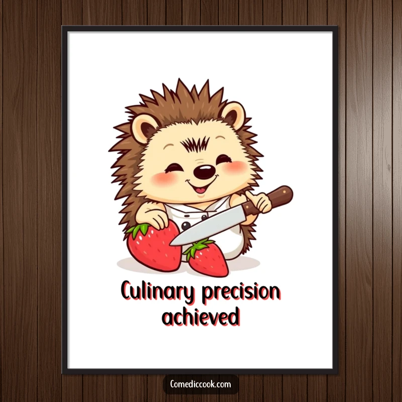Funny Hedgehog Chef Poster displaying a smiling hedgehog with a tiny knife and strawberry, adding whimsical culinary art to any space.