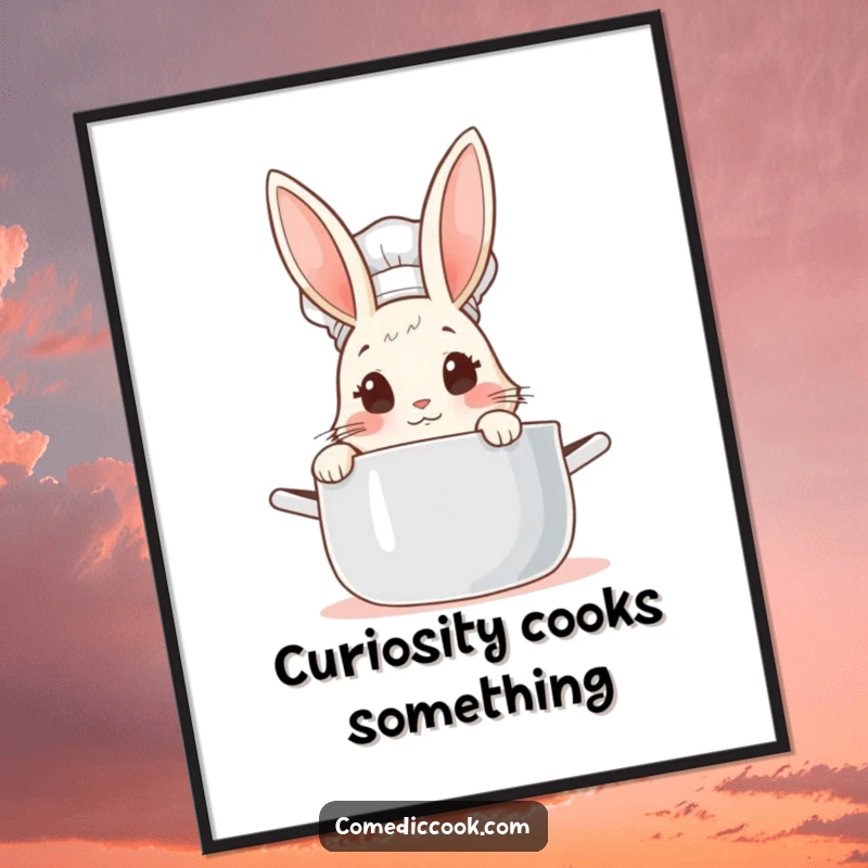 Funny Rabbit Chef Poster: Cute bunny chef peeking with wide, curious eyes into a steaming pot, a humorous wall art.