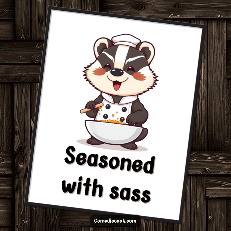 Funny badger chef poster, a dramatic character seasoning a dish with a flourish, perfect for kitchen decor and humorous wall art.