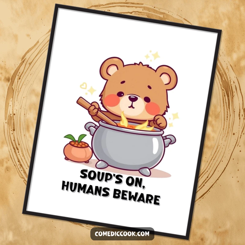 Funny Bear Cub Chef Poster of a cute bear cub intently stirring a large pot of steaming soup.