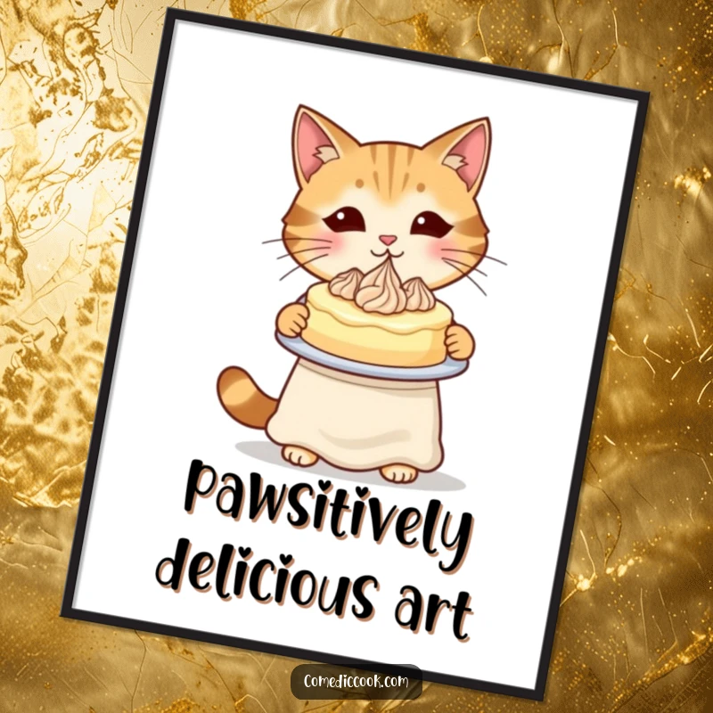 Funny Cat Baker Poster showcasing a cat in an apron presenting a beautifully piped cake, a sweet masterpiece.
