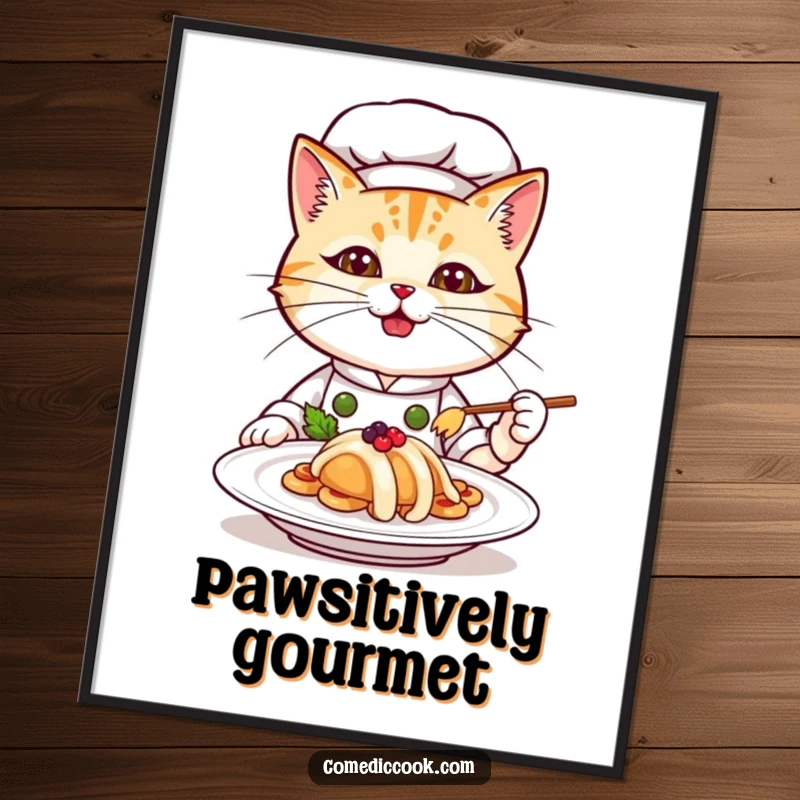 Funny cat chef poster, a determined feline artist proudly displays a delicate gourmet dish, adding humor to kitchen decor.