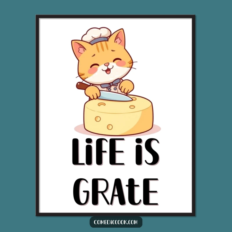 Funny Cat Chef Poster: Cheesy Slicing Art, Whimsical Decor & Hilarious Gift