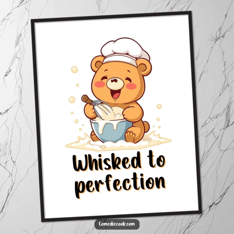 Funny poster of a kawaii chef bear joyfully whisking batter in a flour cloud, creating humorous and sweet baking wall art.