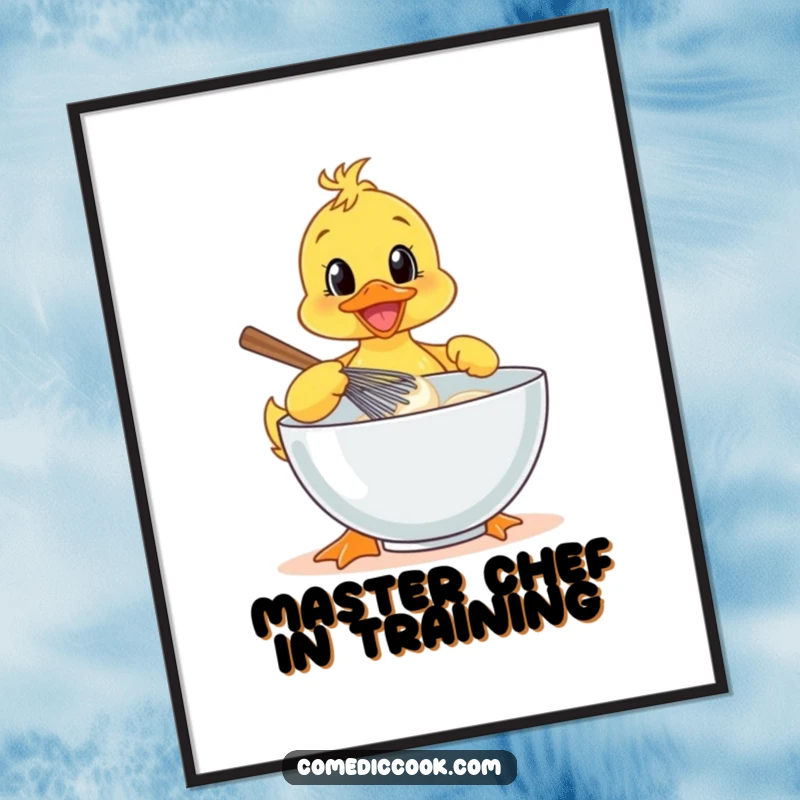 Funny duckling enthusiastically whisking batter in a large bowl, cheerful wall art poster, funny baking decor.
