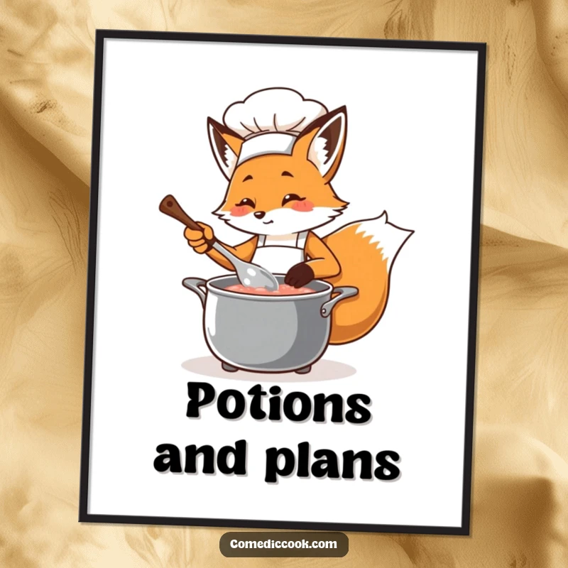 Funny, determined fox chef in an apron, playfully stirring a bubbling pot with a ladle, creating a fun kitchen wall art piece.