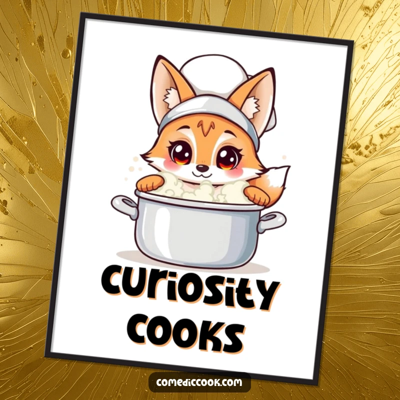 Funny fox chef poster featuring a curious fox peeking into a bubbling pot, perfect for kitchen wall art and adding intriguing humor.