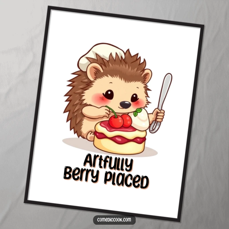 Funny Poster: An artistic rendering of a cute hedgehog chef meticulously garnishing a small, appetizing dessert with a berry.