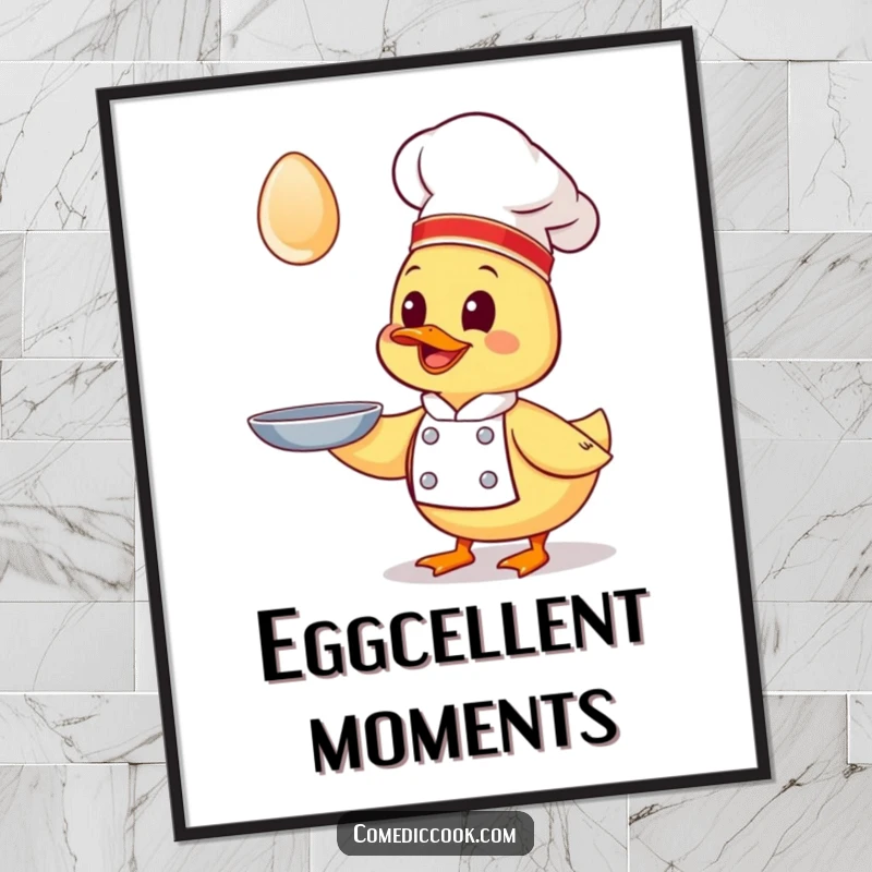 Funny Kawaii duck chef poster print, a giggling duck chef hilariously trying to catch a flying egg, whimsical humorous wall art.